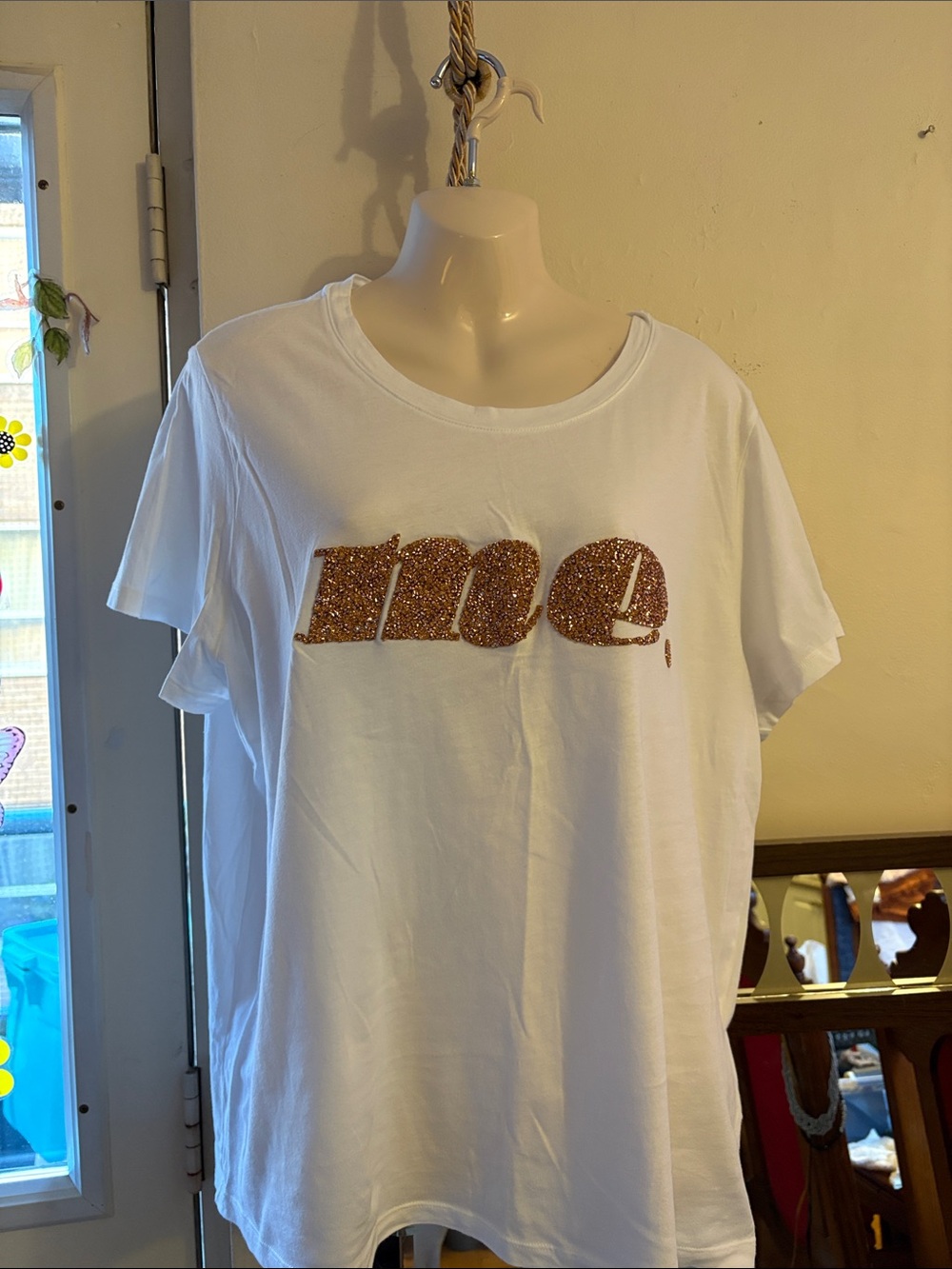 H&M White Tee with Gold Glitter Script. Cotton